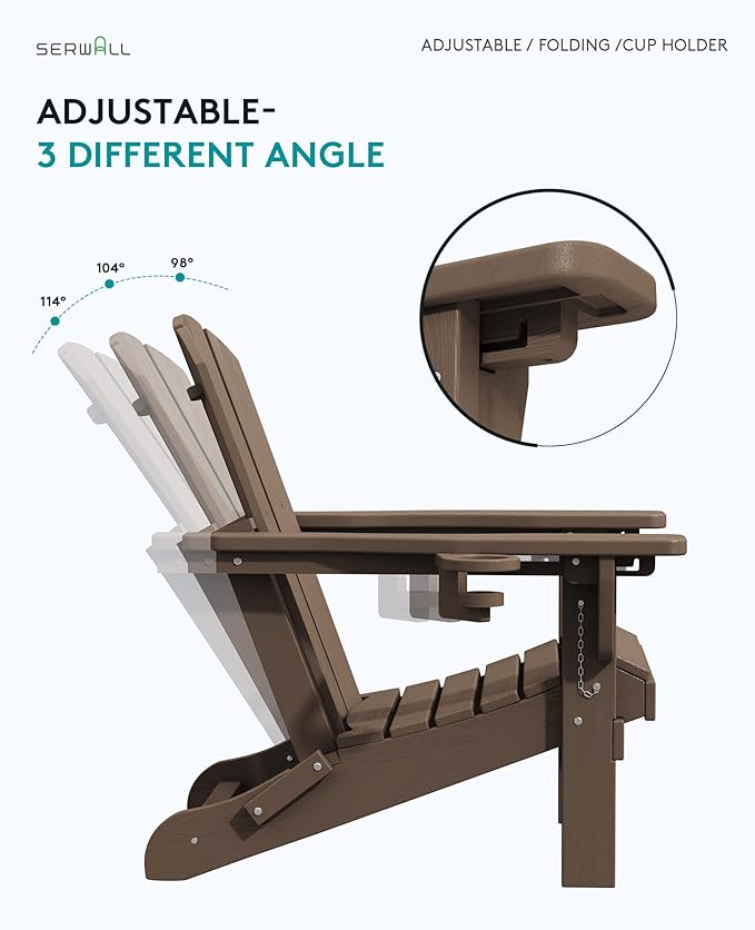 SERWALL Folding Adirondack Chair Set of 8, Adjustable Adirondack Chair with 3 Recline Positions, All Weather HDPE Outdoor Adirondack with Cup Holders, Coffee