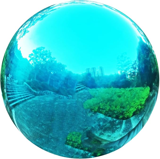 Cyan Blue Gazing Globe Mirror Ball in Stainless Steel, Shiny Hollow Sphere Sparkling Housewarming Outdoor Party Ornament (Cyan Blue, 8 inches)