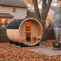 Outdoor Barrel Sauna, 6 Person Wood Steam Saunas Room with Porch, 6kw Toule Electric Heater with Sauna Stone, Canadian Cedar, Roof, 94.48”*70.86“*70.86“ (Cedar)