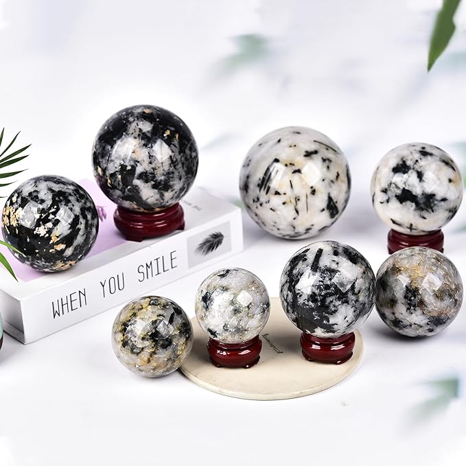 JIC Gem Natural Black and White Tourmaline Crystal Sphere with Wooden Stand Black Quartz Crystal Ball Healing Ornament Specimen Altar Reiki Crystal 60-70mm