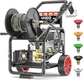 4400PSI Gas Pressure Washer with Hose Reel, 4 GPM, One-Button Electric Start 420CC 15HP Commercial Pressure Washer with 50FT 3/8" Hose, Spray Gun & Wand, 5 Quick Connect Nozzles