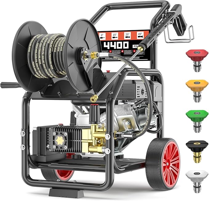 4400PSI Gas Pressure Washer with Hose Reel, 4 GPM, One-Button Electric Start 296cc 15HP Commercial Pressure Washer with 50FT 3/8" Hose, Spray Gun & Wand, 5 Quick Connect Nozzles