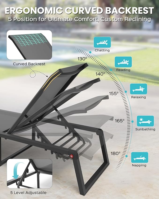 Aluminum Chaise Lounge Outdoor Set of 2, Foldable & Assembly Free Patio Pool Lounge Chairs 5-Position Recliner for Outside Poolside, Fully Grounded Legs Sun Lounger for Beach, Yard, Dark Gray