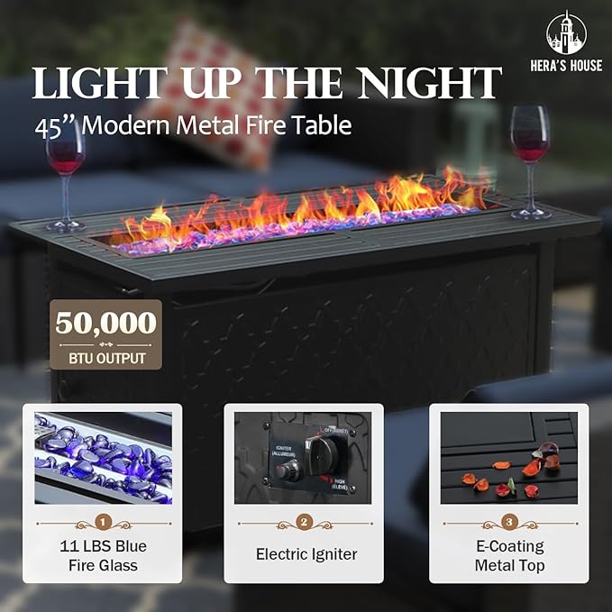 HERA'S HOUSE 6 Pieces Patio Furniture Set with Fire Pit Table, 2 x Single Chair, 2 x Ottoman, 3-Seat Sofa with 45" Fire Pit Table, Outdoor Conversation Set for Garden, Poolside, Backyard