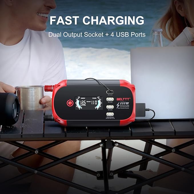 BELTTT 300W Inverter 12V to 110V, 600W Peak Car Power Inverter Dc to Ac Converter for Vehicles, Car Adapter for Plug with 2 AC Outlets, 4 USB Ports and Smart LCD Display, Car Charger for Laptop