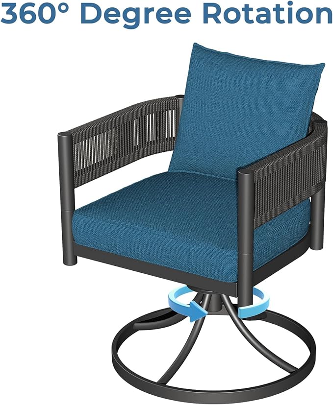 Grand patio Outdoor Dining Chairs Set of 4, 4 Pieces Patio Dining Chairs, Metal Woven Wicker Swivel Patio Chairs with Peacock Blue Cushions for Backyard, Deck, Garden, Porch, Lawn and Poolside (Brown)