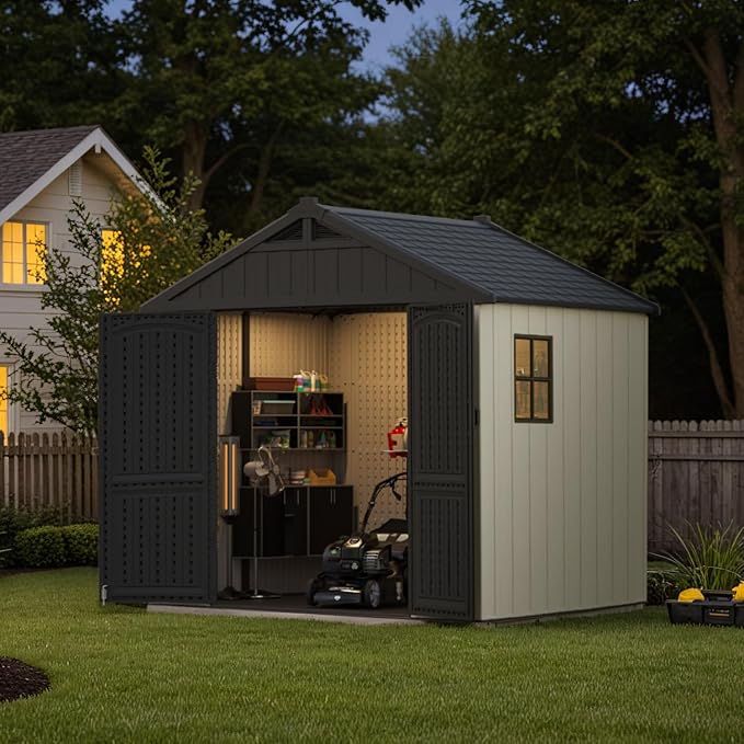 Patiowell 8 x 6 FT Resin Outdoor Storage Shed with Floor, Large Shed with Light and Lockable Door for Garden, Backyard, Tool Storage Use, Easy to Install in Beige (Kick-it Shed)