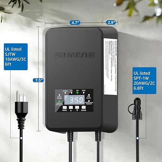SUNVIE 120W Low Voltage Transformer Outdoor Landscape Lighting Transformer with Timer and Photocell Sensor Waterproof 120V to 12V/14V AC Low Voltage Landscape Transformer for Spotlight Pathway Lights