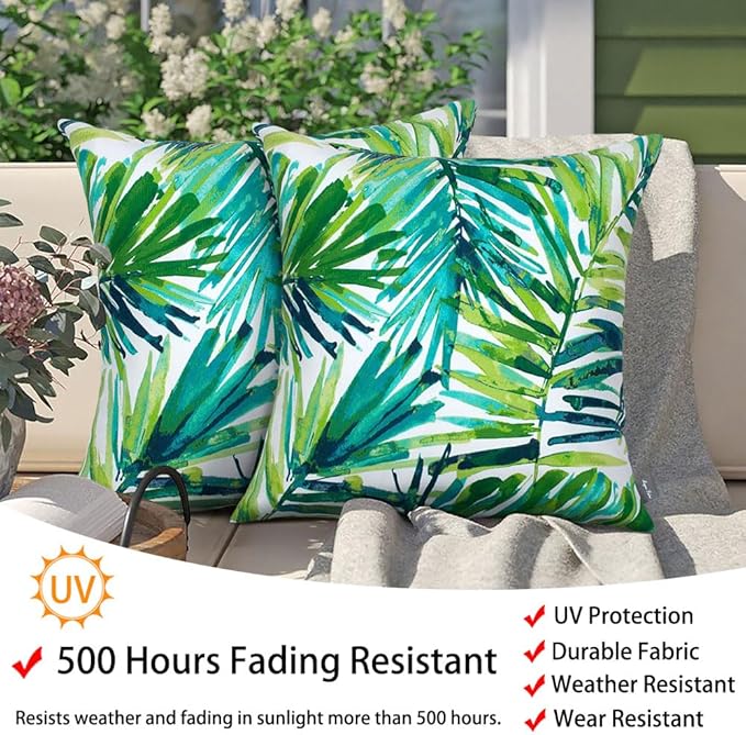 Magpie Fabrics Patio Pillow Covers ONLY 18"x18", Set of 2, Fade-Resistant Outdoor Indoor Decorative Throw Pillowcase Shell for Couch Garden Furniture - Green Palm Leaves