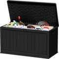 JUMMICO 160 Gallon Resin Outdoor Storage Deck Box with Divider, Waterproof Storage Box&Bench with Lockable Lid for Garden Tools, Pools Supplies (Black)