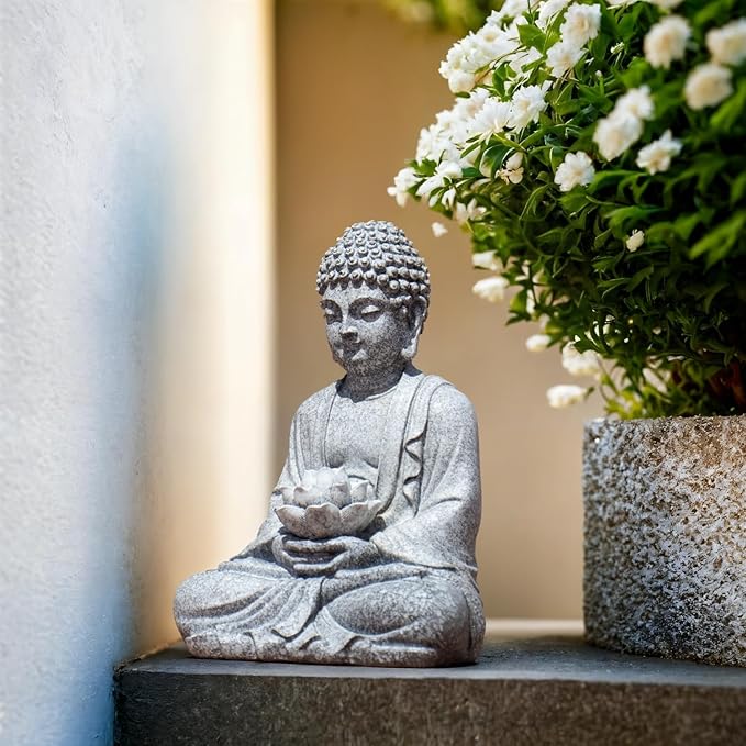 Buddha Lotus Statue with Solar Lights, Resin LED Figurine for Garden Decor – Unique Gift for Women and Friends(Grey Buddha)