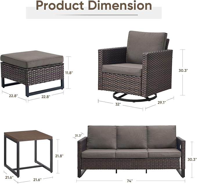Wicker Patio Furniture Set, 6 PCS Outdoor Patio Furniture Set with Swivel Chairs, Includes 2 Swivel Patio Chairs, 1 Outdoor Couch, 1Side Table and 2 Ottoman, Brown/Grey