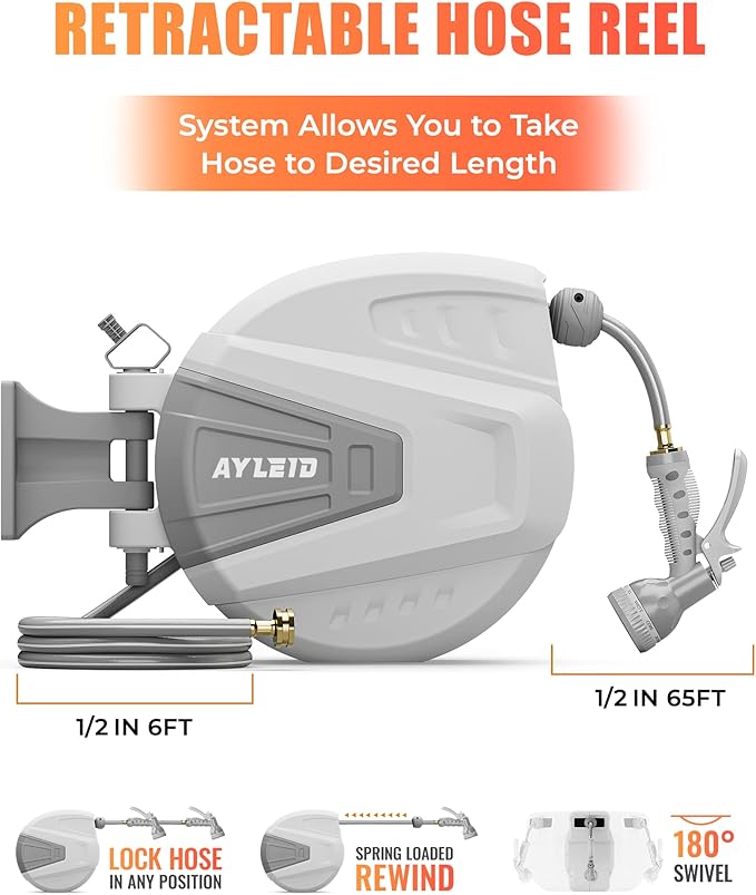 Ayleid Retractable Garden Hose Reel,1/2 in x 65 ft Wall Mounted Hose Reel, with 9- Function Sprayer Nozzle, Any Length Lock/Slow Return System/Wall Mounted/180°Swivel Bracket (Grey)