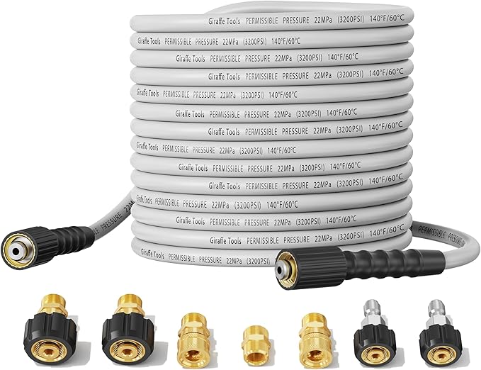 Giraffe Tools Pressure Washer Hose 100FT X 1/4", 3200 PSI Pressure Washing Hose, Kink Resistant, Heavy Duty Power Washer Hose, M22 to 3/8" Quick Connect Couplers for Replacement, 7 Accessories