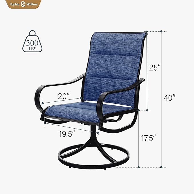Sophia & William Outdoor Patio Chairs Set of 2, Swivel Patio Chair with Padded Textilene and Black Metal Frame, Good for Lawn Yard Garden All Weather (Blue)