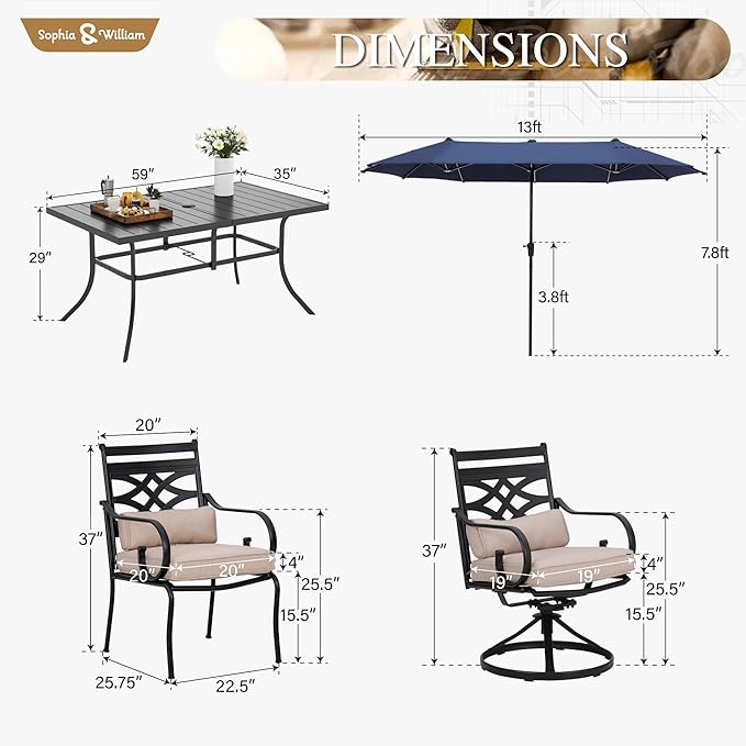 Sophia & William Patio Dining Set for 6 | 13ft Patio Umbrella NavyBlue | 4 Fixed Chairs | 2 Swivel Patio Dining Chairs | Removable Seat Cushions | Black 59" Patio Dining Table