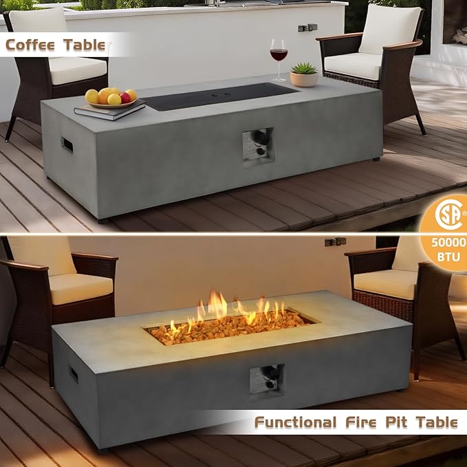 2-Piece 54" Outdoor Propane Fire Pit Table Set, 50,000 BTU Rectangle Concrete Gas Fire Pit Coffee Table W Glass Wind Guard, Lava Rocks, Waterproof Cover for Patio, Backyard, Garden, Porch, Deck