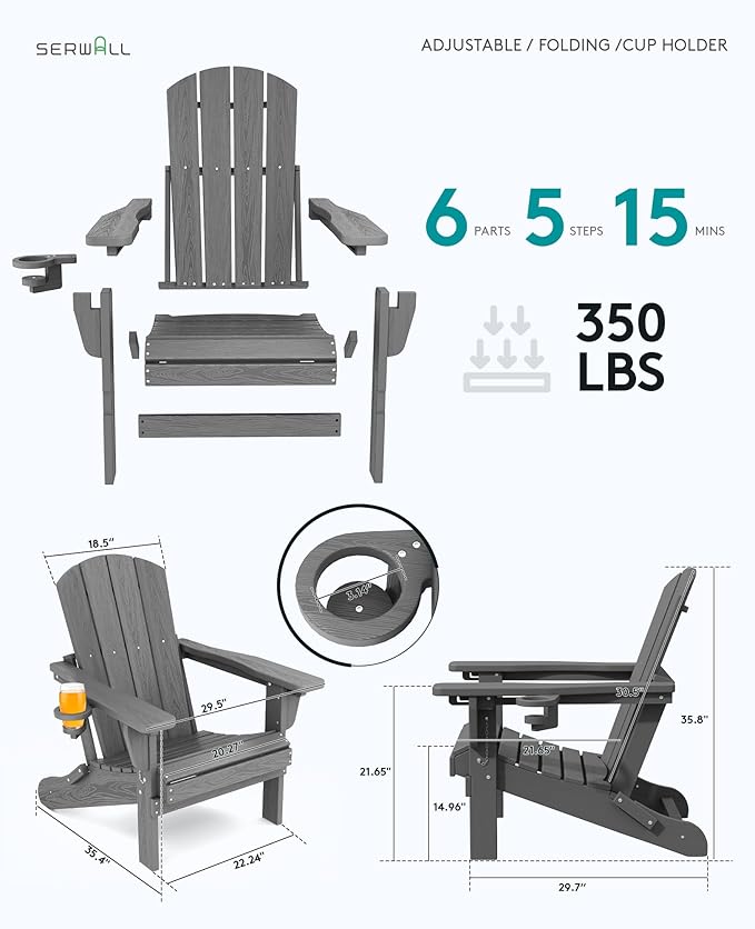 SERWALL Folding Adirondack Chair Set with 9 Ft Umbrella, Adjustable HDPE Adirondack Chair with 3 Recline Positions, Gray (Umbrella Base is not Included)