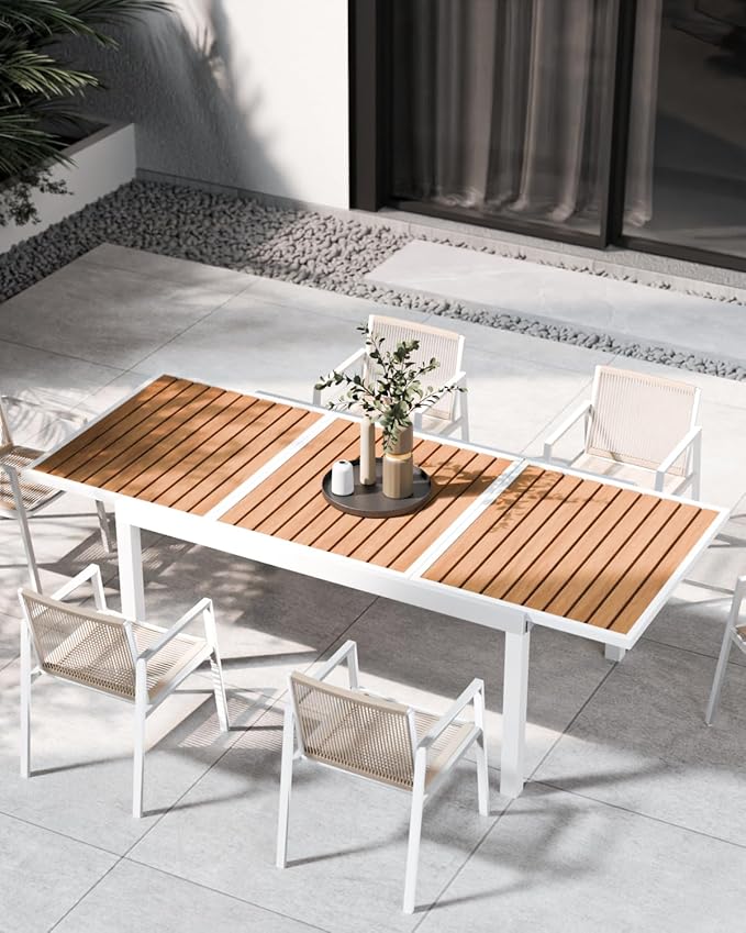 ZANDOR Expandable Outdoor Dining Set for 4-6-8,Patio Table and Chairs Set with Wood Top for Garden,Backyard,Porch,55"-82.7" Extendable Aluminum Outdoor Table Set with 8 Chairs,White