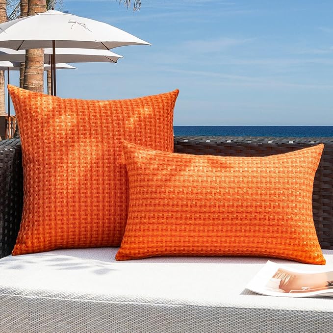 Kevin Textile Fall Outdoor Waterproof Throw Pillow Covers Pack of 2 Farmhouse Decorative Cushion Covers for Garden Patio Tent Balcony Bench Couch Sofa 12x20 Inch, Orange