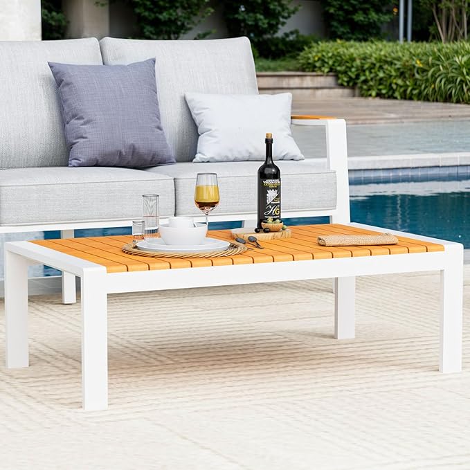 Aluminum Outdoor Coffee Table - White Rectangle Patio Tables with Teak Top for Deck, and Poolside
