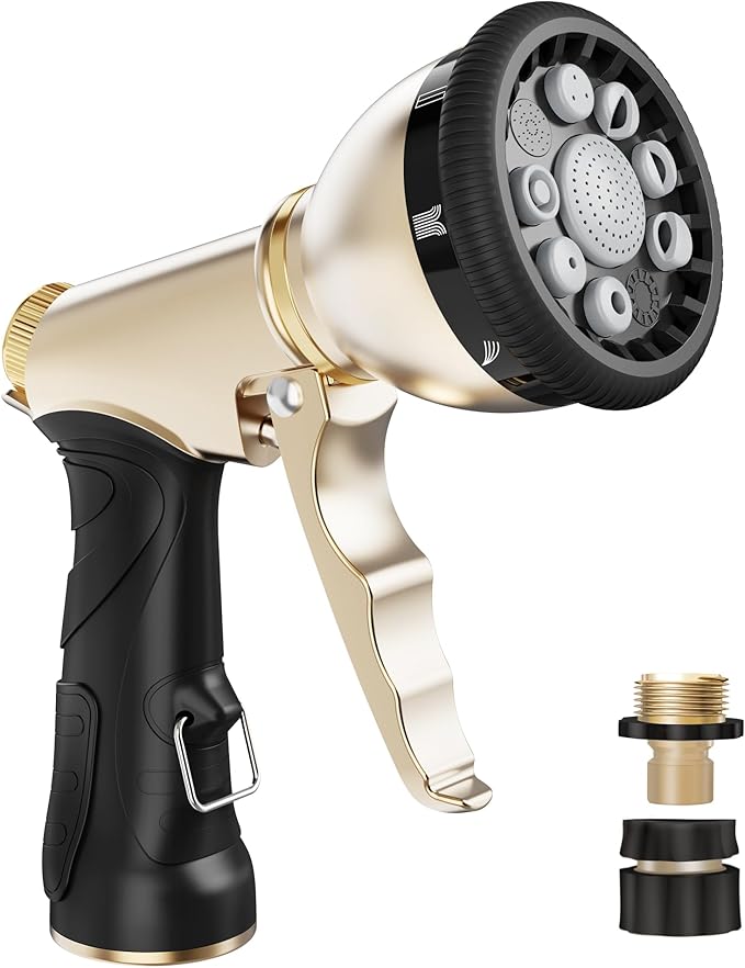 RAINPOINT Garden Hose Nozzle, Hose Sprayer Nozzle with 9 Spray Patterns, High Pressure Water Hose Nozzle Heavy Duty Metal Hand Sprayer, Watering Plants and Lawn, Car Washing, Pet Showering,Grey 2pcs