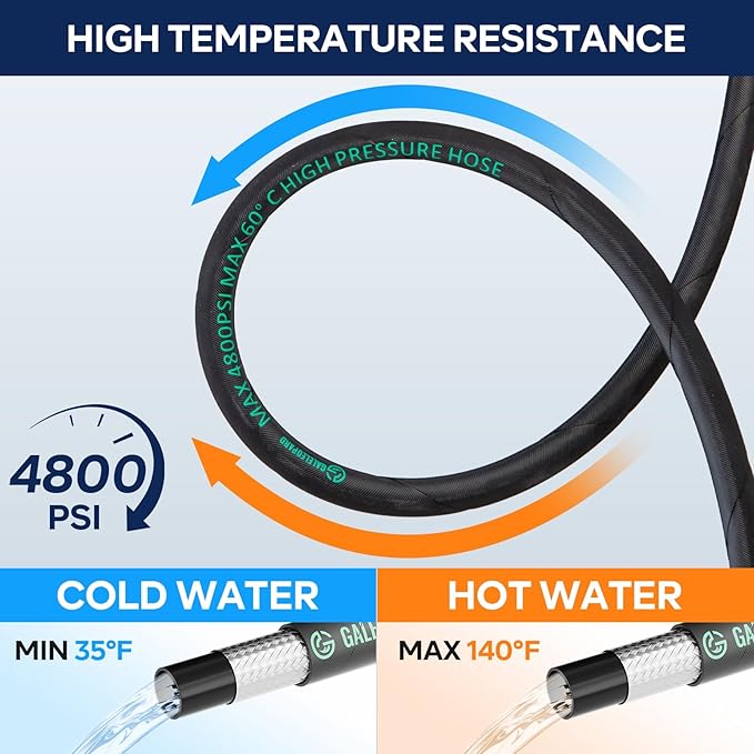 Pressure Washer Whip Hose Reel Connector 10FT, 3/8'' Steel Wire Braided Hose for Power Washer, Suitable for Hot and Cold Water, 4800 PSI
