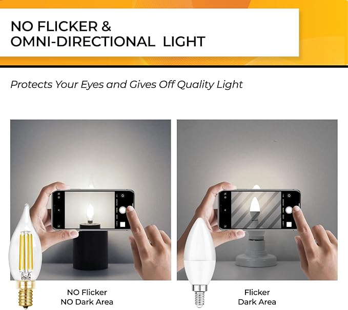 Hizashi E12 Candelabra Bulb 40 watt, 90+ CRI Dimmable Candelabra LED Bulbs, 4W 450LM 5000K Daylight White, E12 Bulb Flame Tip CA10 Candle Light Bulbs, UL Listed - 6 Pack