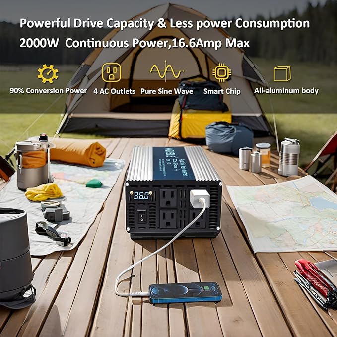 WZRELB 2000W Pure Sine Wave Inverter 36V DC to 110V 120V AC Power Converter with LED Display, Off-Grid Portable Power Inverter with 4 AC Outlets for Home, RV, Truck, Camping