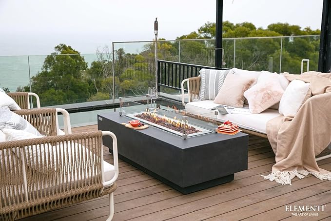 Elementi Granville Gas Fire Pit Bundle Concrete Fire Table, Outdoor Fire Pit Electronic Ignition | Canvas Cover, Lava Rock Included | Free AMS Wind Guard | Dark Gray (Natural Gas)