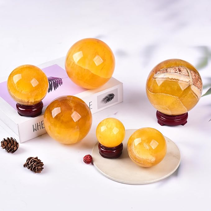 JIC Gem Large Yellow Fluorite Crystal Sphere Ball with Wooden Stand Yellow Healing Crystal Decorative Ball 90-100mm