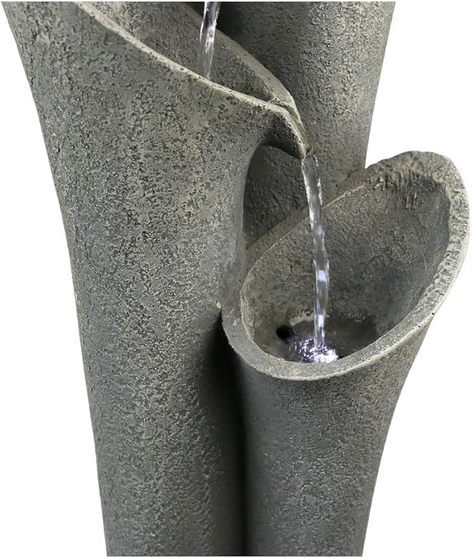 4-Tier Faux Stone LED Floor Fountain, 33.5 Inch Waterfall Outdoor Fountain LED Illuminated Water Feature for Patio Garden