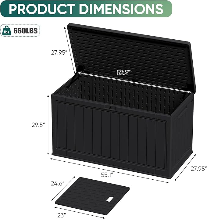 JUMMICO 160 Gallon Resin Outdoor Storage Deck Box with Divider, Waterproof Storage Box&Bench with Lockable Lid for Garden Tools, Pools Supplies (Black)