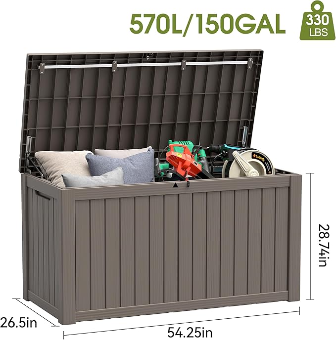 Outdoor Storage Box, Resin Deck Boxes Indoor and outdoor, Waterproof Storage Box Lockable Lid (Grey, 150 Gallon)