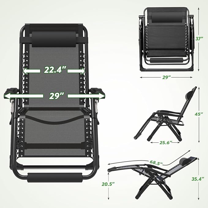 ZENPETIO 29In XL Zero Gravity Chair w/Cushion, Zero Gravity Recliner Lounge Chair for Indoor and Outdoor, Reclining Camping Chair for Lawn, Anti Gravity Chair with Cup Holder and Footrest, 440LBS