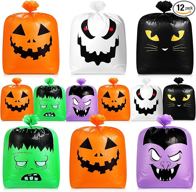 Qilery 12 Pcs Halloween Leaf Lawn Bags Plastic Pumpkin Trash Bags for Leaves with Twist Ties for Halloween Yard Garden Outdoor Party Favors Decorations