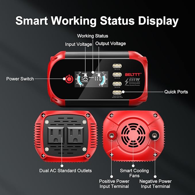 BELTTT 300W Inverter 12V to 110V, 600W Peak Car Power Inverter Dc to Ac Converter for Vehicles, Car Adapter for Plug with 2 AC Outlets, 4 USB Ports and Smart LCD Display, Car Charger for Laptop