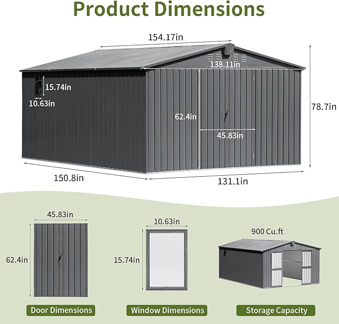 10x12 Ft Large Outdoor Storage Shed, Dark Grey Metal Garden Outdoor Storage Workshop Shed with Lockable Doors, Windows, Air Vents, Waterproof for Backyard, Mower Storage, Backyard, Lawn, Patio
