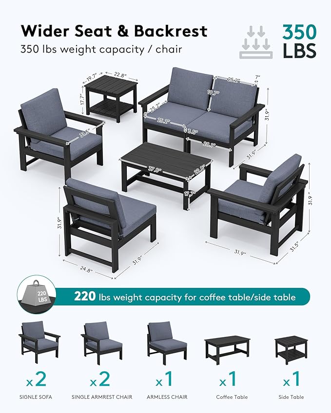 SERWALL HDPE Patio Furniture Set with 15FT Double Side Patio Umbrella, 7-Piece Outdoor Modular Sectional Sofa Set, All Weather Patio Couch Set for Deck, Black & Grey(Umbreall Base not Included)