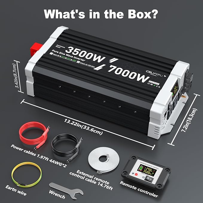 3500 watt Pure sine Wave Inverter, 24V DC to 110V AC Power Inverter, Used for Solar Emergency Power Supply in RV Homes, with 3 AC Output sockets, USB Port, Type-C Port, Remote Control with LCD Screen
