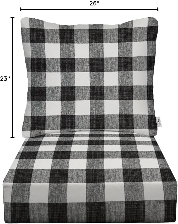 RSH DECOR: Deep Seating Cushion with Pillow Back | 23” x 26” Seat | All-Weather Spun Fabric | Water and Fade-Resistant | Outdoor Chair Cushion Set for Patio Furniture | Black Buffalo Plaid