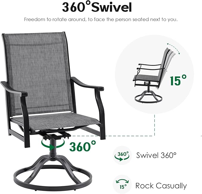 Patio Swivel Chairs Set of 8, Outdoor Dining Chairs with Textilene, Swivel & Rocker Metal Outdoor Patio Dining Chair All-Weather for Backyard, Grey Fabric with Black Frame