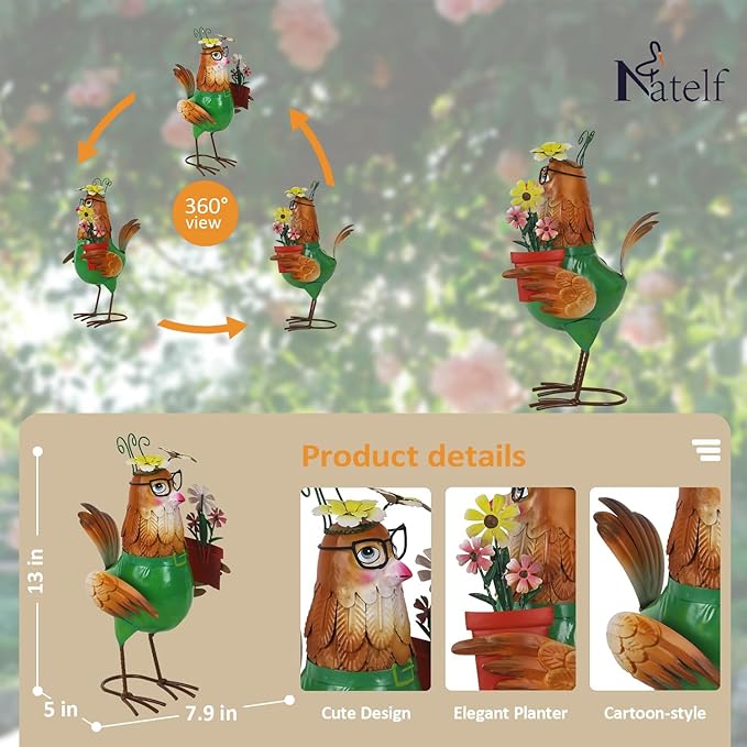 Natelf Metal Chicken Statue for Outdoor Home Decor Cute Rooster Hen Garden Sculpture with Vintage Glasses, Weather-Resistant Farmhouse Art for Yard, Patio, Coop, or Housewarming Gift for Mom, Friends