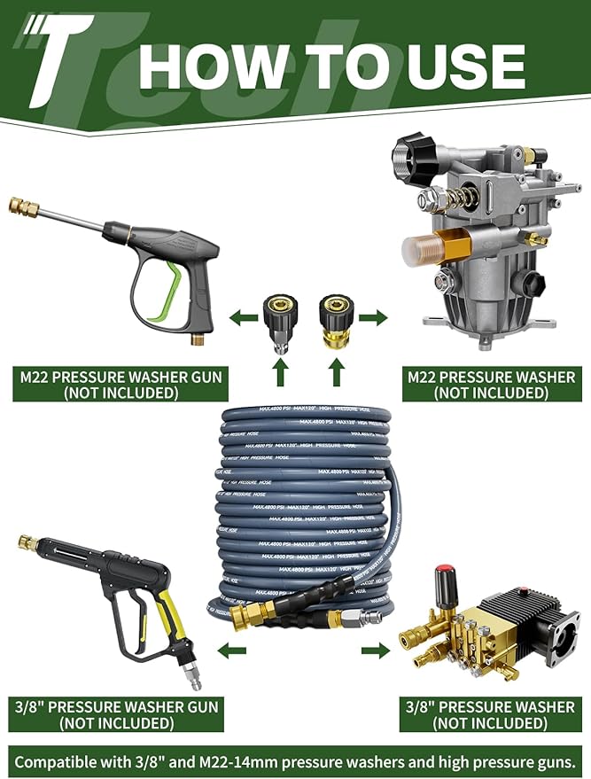 3/8" 4800PSI Pressure Washer Hose 50FT with Swivel Quick Connect for Cold/Hot Water Max 248°F, Kink Resistant Steel Wire Braided, Wear Resistant Power Washer Hose with M22 14mm Adapter