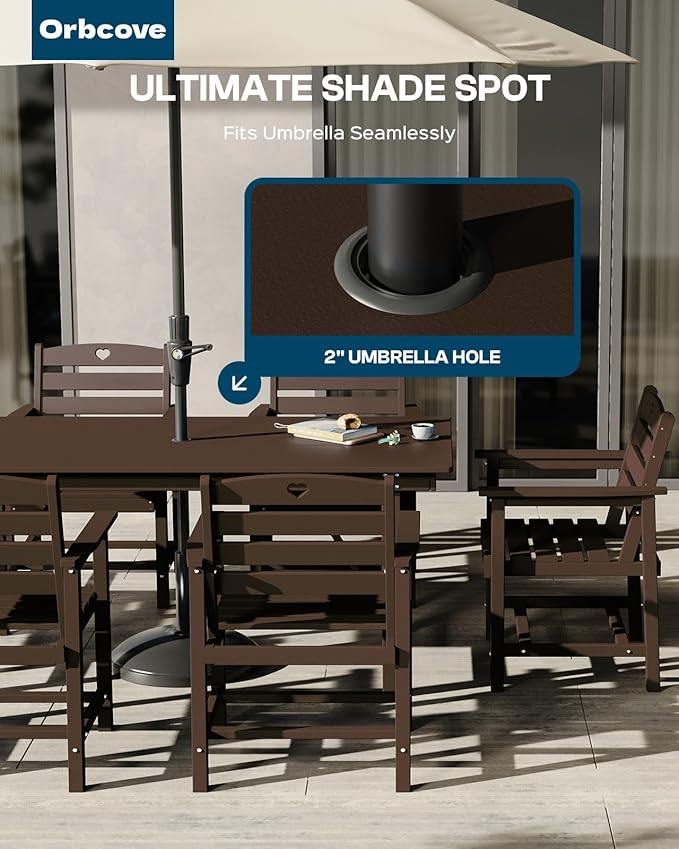 Patio Table and Chairs Set with Umbrella Hole, HDPE Patio Dining Set for 6, Outdoor Dining Set for Lawn, Patio, Porch, Deck, Poolside, Yard (Mahogany, 7-Piece)