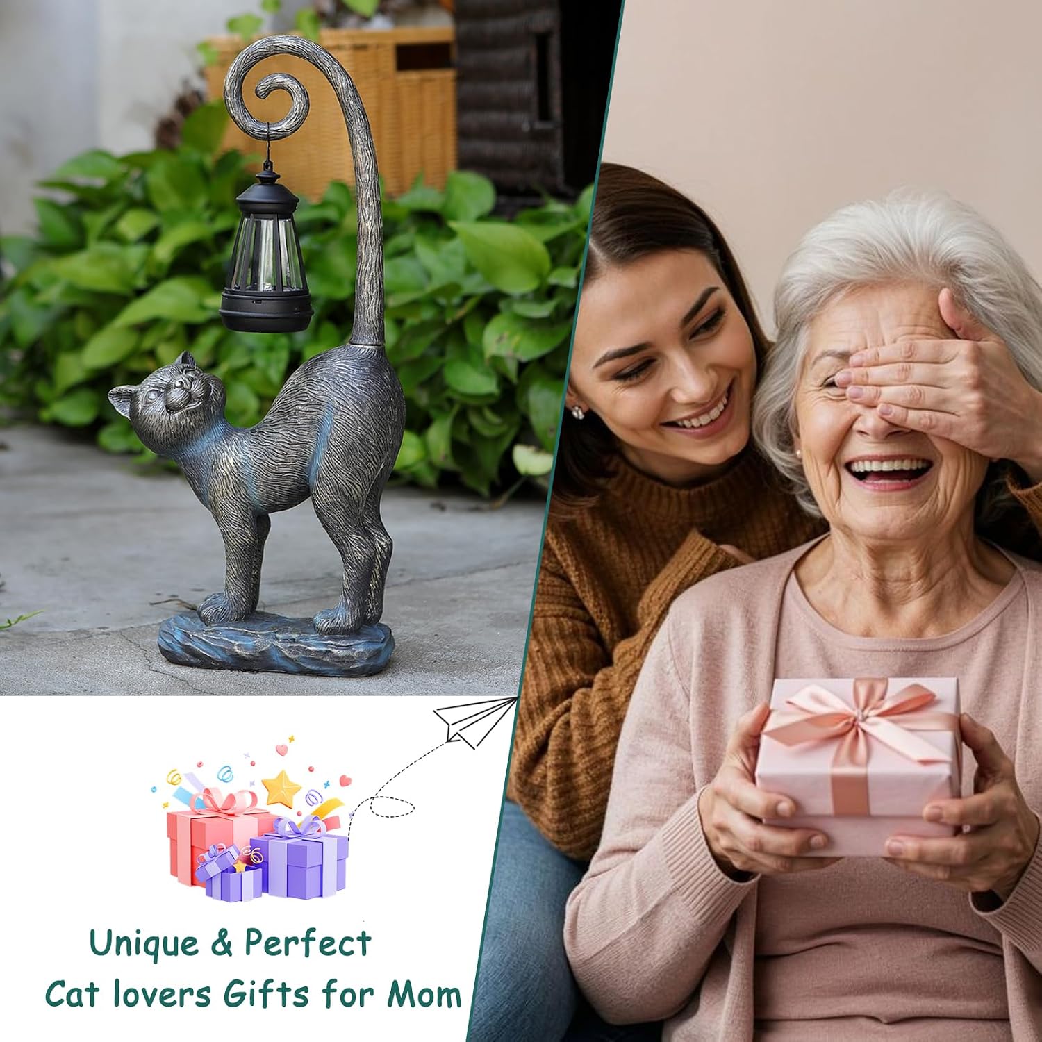 Solar Cat Outdoor Statues Halloween for Garden: Outdoor Decor Cat Figurine for Yard, Lawn, Patio, Porch, Balcony - Animal Art for Home Backyard - Birthday Gifts for Women Grandma Mom Sister