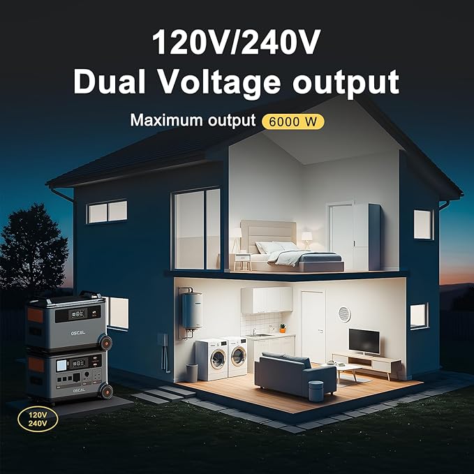 OSCAL PowerMax 6000 Solar Generator with 3x400W Solar Panels, 120/240V Split Phase Voltage 6000W AC Outlets (7200W Peak), 3600Wh Power Station Expandable to 57.6kWh, Emergency for Home