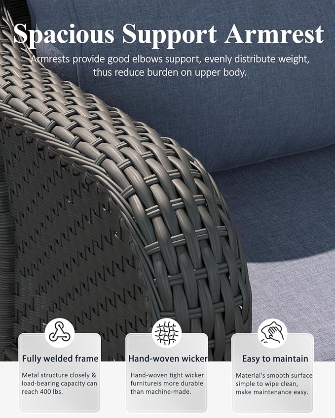 LayinSun 5 Piece Wicker Outdoor Furniture Set with 6-inch Comfy Cushions, High Back Patio Furniture Set with Swivel Rocking Chairs and Fire Pit Table