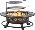 42 Inch BBQ Fire Pit with 2 Grills,3-in-1 Outdoor Round Metal Fire Pit Table with Lid,Fire Poker,Large Outdoor Wood Burning Firepits for Outside,Picnic,Bonfire Backyard Patio(Black)