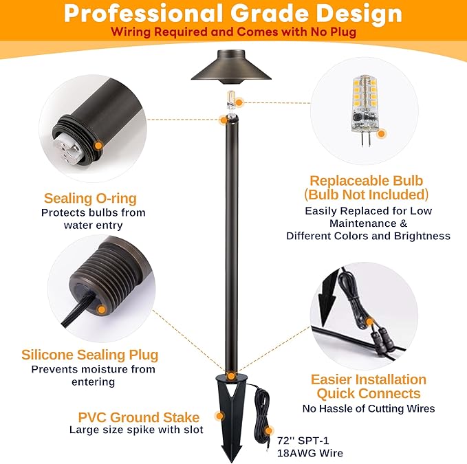 Gardenreet Outdoor Brass Pathway Lights - Low Voltage Landscape Path Lighting Wired, 12v Walkway Light LED IP65 Waterproof, Hat-Top Bronze for Outside Garden Yard Driveway G4 Bulb Not Included